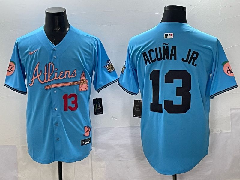 Men Atlanta Braves Nike 13 Acuna jr Light blue 5th generation Joint Name 2025 MLB Jersey 04